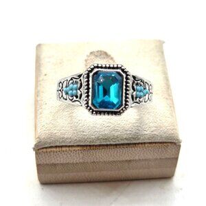Silver Tone Ring W/ Faux Blue Topaz & Faux Turquoise  Detail
